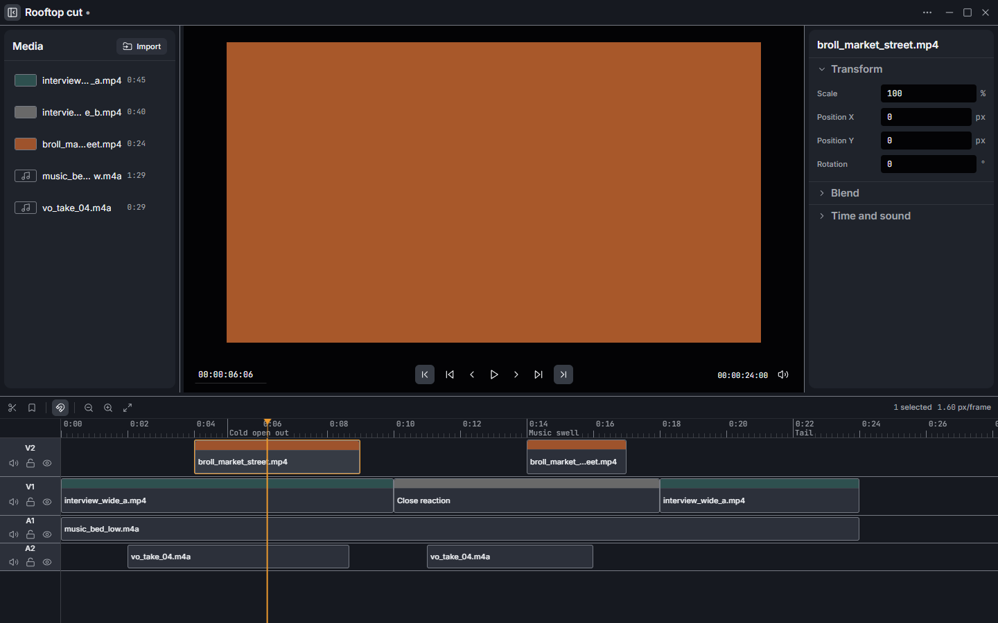 Medrak Cut with a five-source cut open: media rail on the left, video preview in the centre, clip inspector on the right, and four timeline tracks below